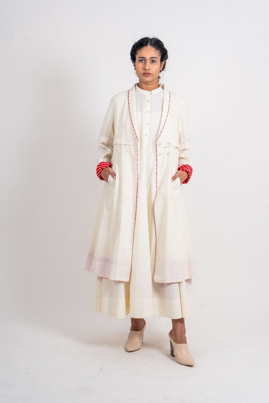 White Textured Long Jacket by Ahmev with Broken Book by Ahmev, Casual Wear, Coats, Handloom Cotton, Highend fashion, July Sale, July Sale 2023, Natural, Solids, White, Womenswear at Kamakhyaa for sustainable fashion