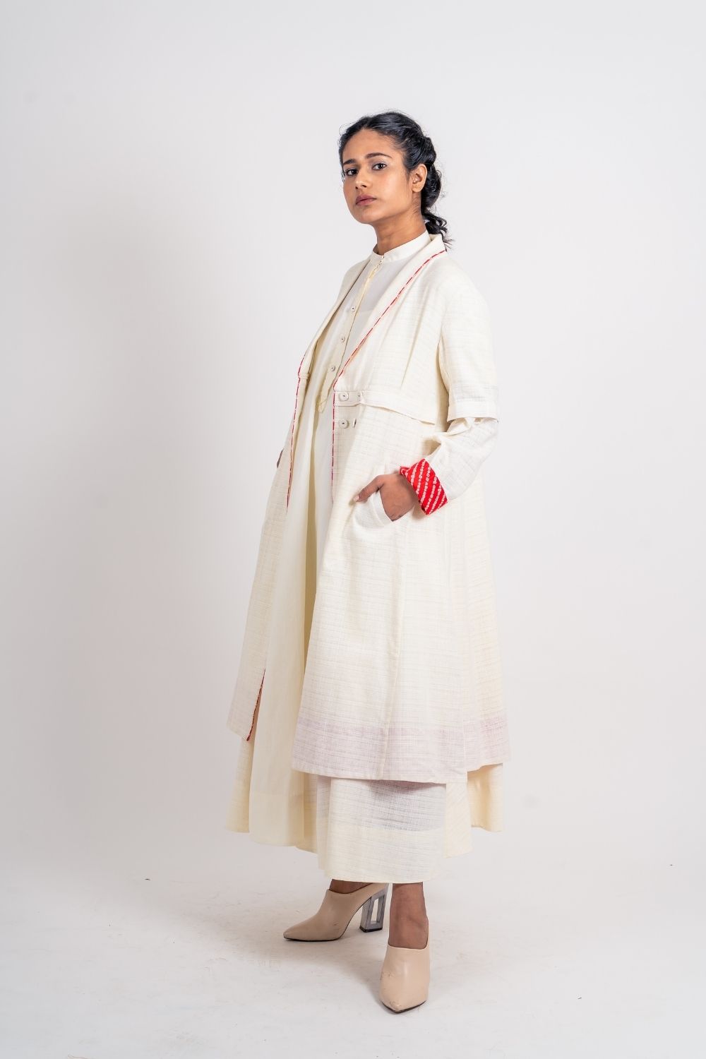 White Textured Long Jacket by Ahmev with Broken Book by Ahmev, Casual Wear, Coats, Handloom Cotton, Highend fashion, July Sale, July Sale 2023, Natural, Solids, White, Womenswear at Kamakhyaa for sustainable fashion