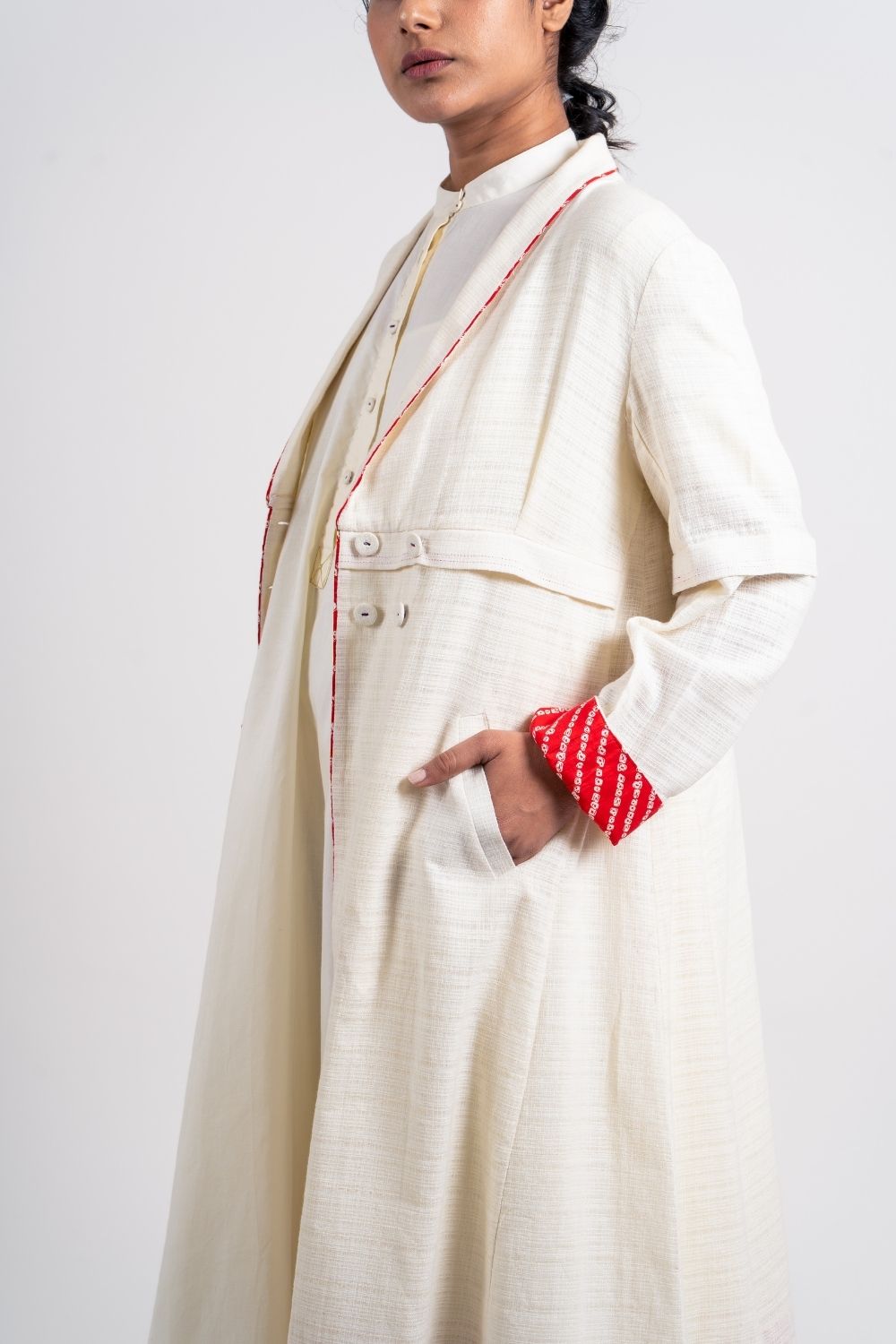 White Textured Long Jacket by Ahmev with Broken Book by Ahmev, Casual Wear, Coats, Handloom Cotton, Highend fashion, July Sale, July Sale 2023, Natural, Solids, White, Womenswear at Kamakhyaa for sustainable fashion
