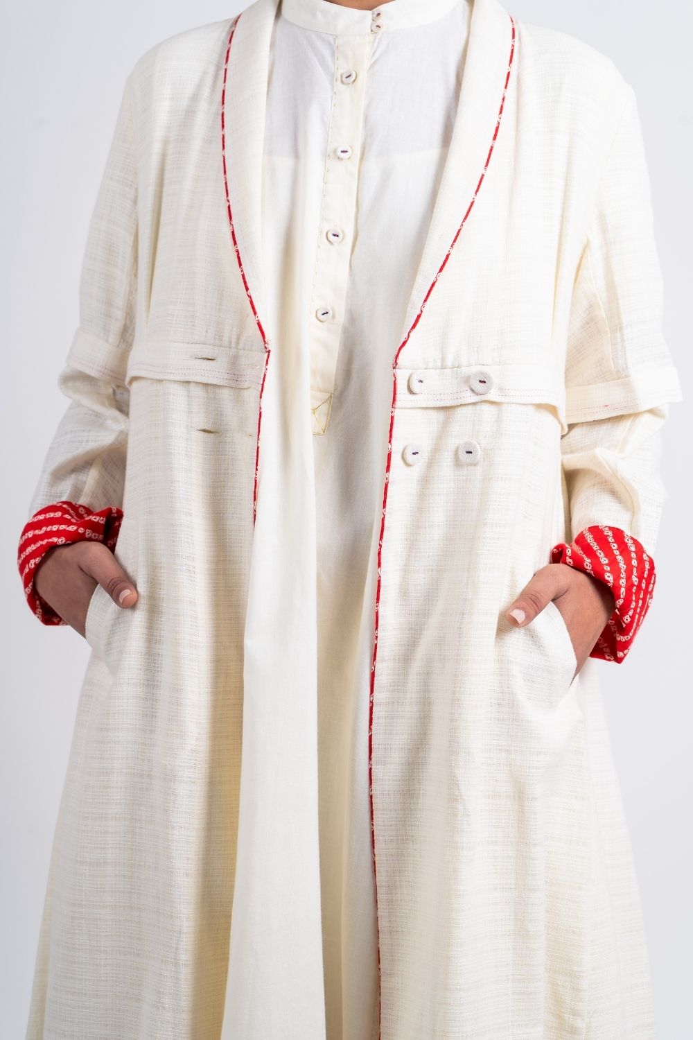 White Textured Long Jacket by Ahmev with Broken Book by Ahmev, Casual Wear, Coats, Handloom Cotton, Highend fashion, July Sale, July Sale 2023, Natural, Solids, White, Womenswear at Kamakhyaa for sustainable fashion