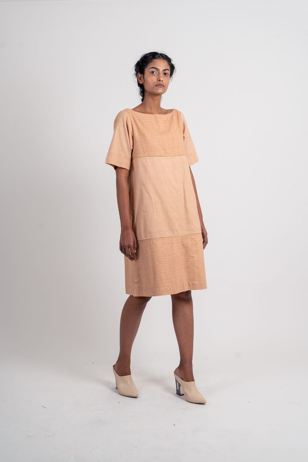 Beige Textured Plain Dress by Ahmev with Broken Book by Ahmev, Brown, Casual Wear, Fall, Handloom Cotton, July Sale, July Sale 2023, Mini Dresses, Natural, Relaxed Fit, Textured, Womenswear at Kamakhyaa for sustainable fashion