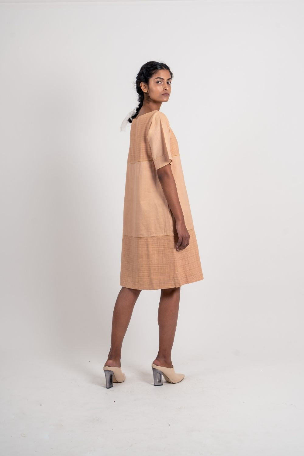 Beige Textured Plain Dress by Ahmev with Broken Book by Ahmev, Brown, Casual Wear, Fall, Handloom Cotton, July Sale, July Sale 2023, Mini Dresses, Natural, Relaxed Fit, Textured, Womenswear at Kamakhyaa for sustainable fashion