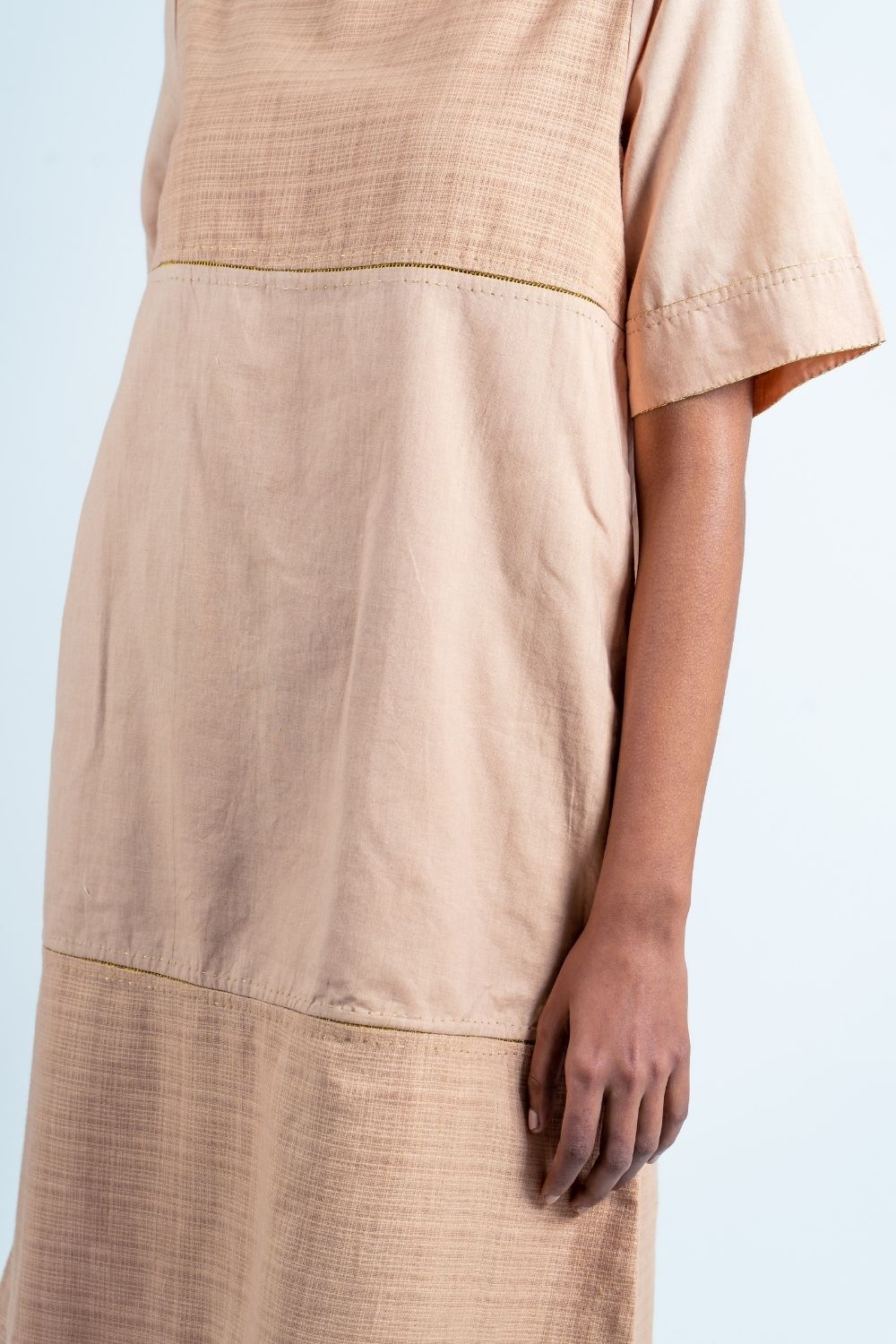 Beige Textured Plain Dress by Ahmev with Broken Book by Ahmev, Brown, Casual Wear, Fall, Handloom Cotton, July Sale, July Sale 2023, Mini Dresses, Natural, Relaxed Fit, Textured, Womenswear at Kamakhyaa for sustainable fashion