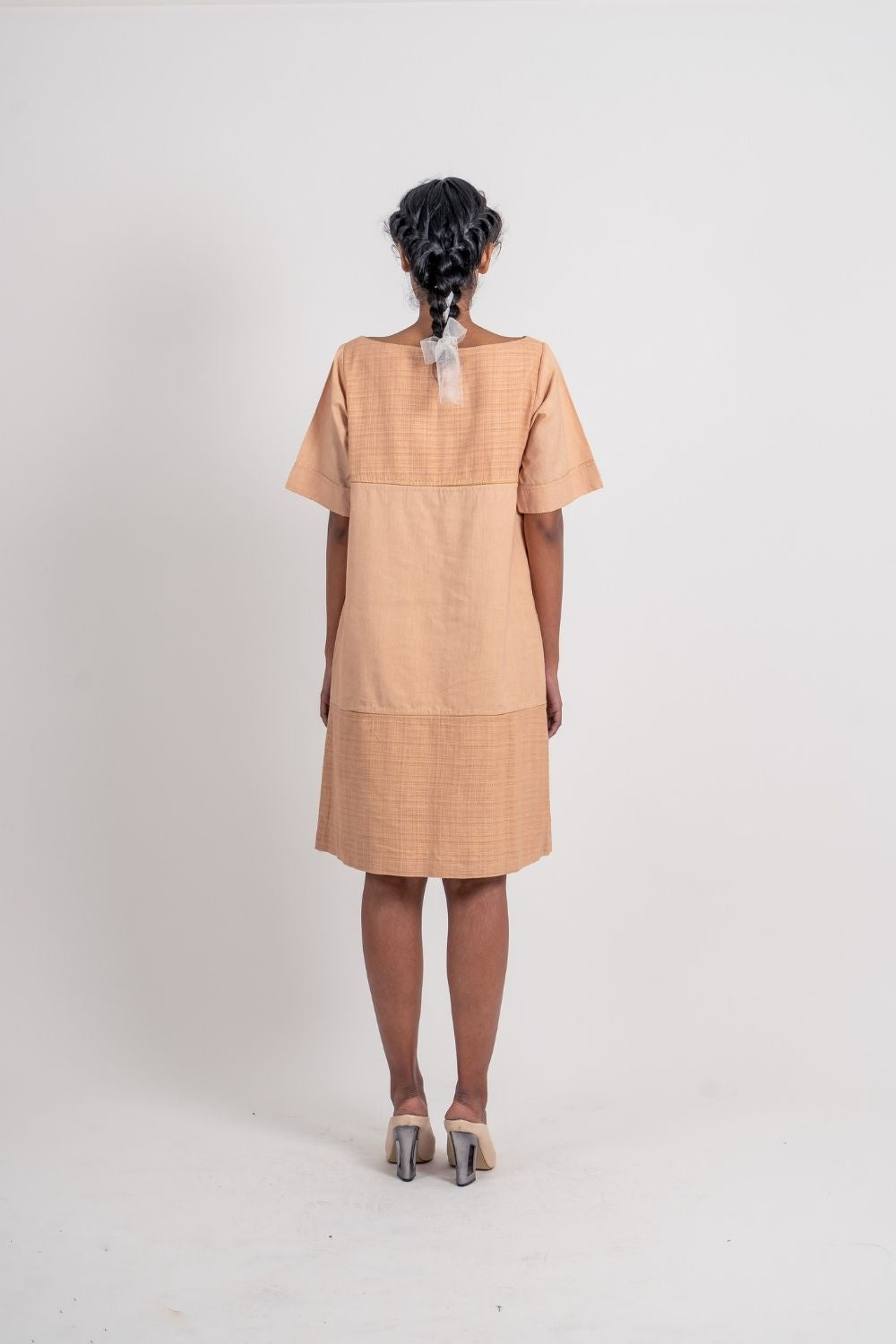 Beige Textured Plain Dress by Ahmev with Broken Book by Ahmev, Brown, Casual Wear, Fall, Handloom Cotton, July Sale, July Sale 2023, Mini Dresses, Natural, Relaxed Fit, Textured, Womenswear at Kamakhyaa for sustainable fashion