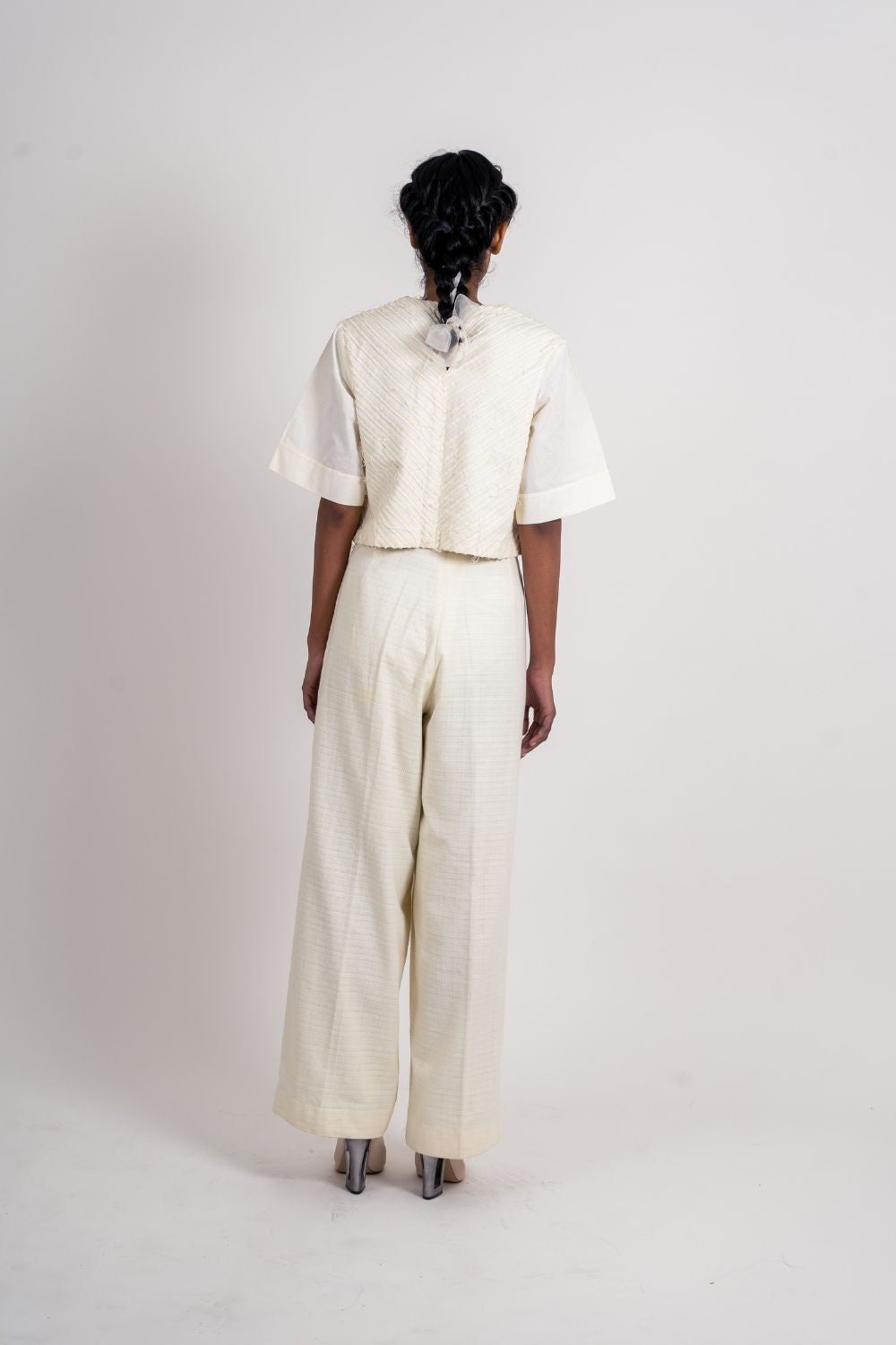 White Textured Crop Top by Ahmev with Broken Book by Ahmev, Casual Wear, Crop Tops, Handloom Cotton, Highend fashion, July Sale, July Sale 2023, Natural, Regular Fit, Textured, Tops, White, Womenswear at Kamakhyaa for sustainable fashion