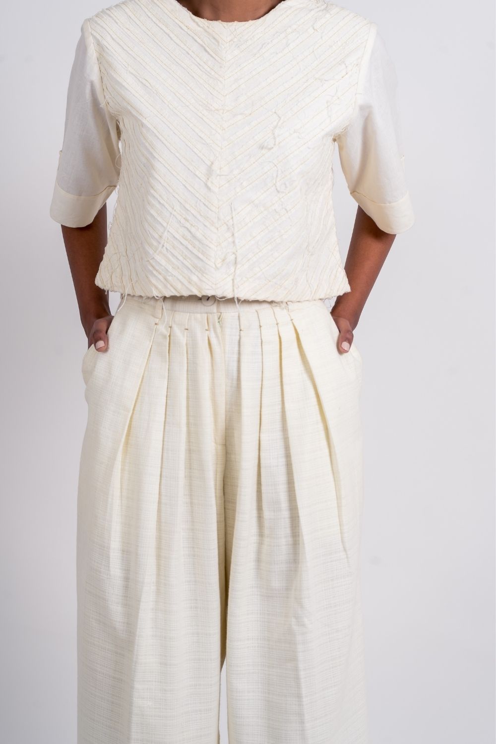 White Textured Crop Top Tops, Handloom Cotton, Natural, Regular Fit, Spaghettis, Textured, Kamakhyaa