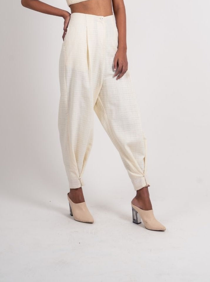 White Ankle Loop Pant by Ahmev with Broken Book by Ahmev, Casual Wear, Fitted At Waist, Handloom Cotton, July Sale, July Sale 2023, Natural, Pants, Textured, White, Womenswear at Kamakhyaa for sustainable fashion