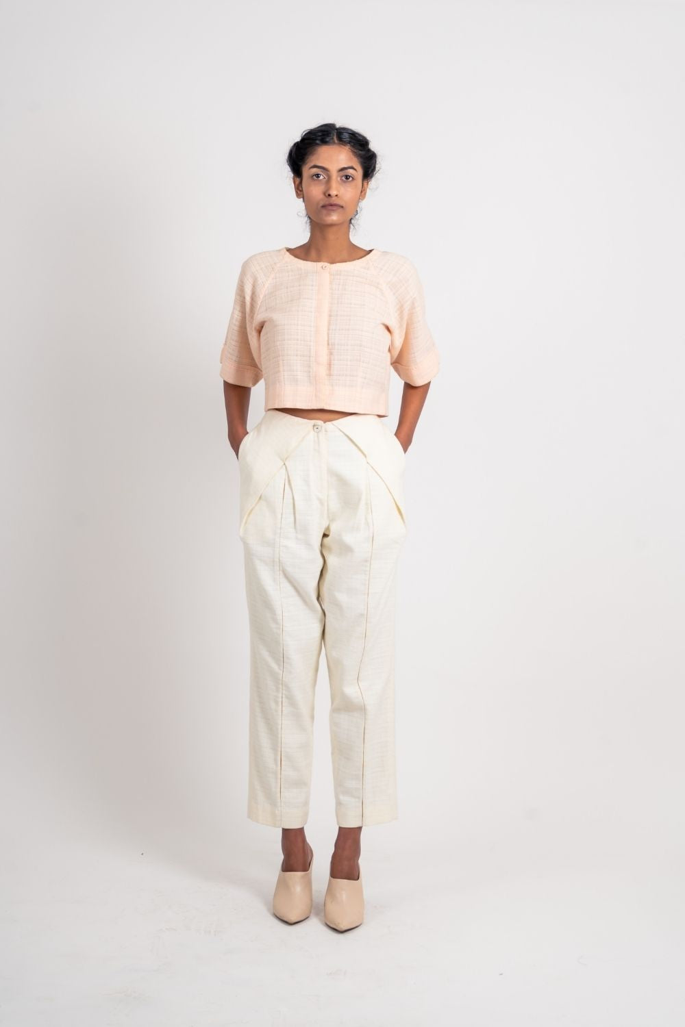 White Textured Pleated Pant Bottoms Fitted At Waist, Handloom Cotton, Natural, Pants, Solids, Ahmev Kamakhyaa