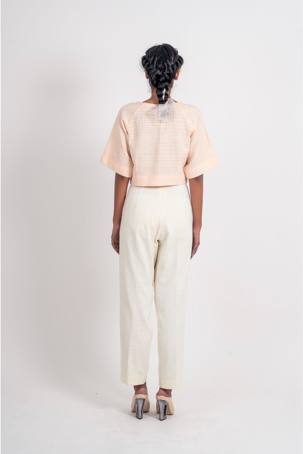 White Textured Pleated Pant Bottoms Fitted At Waist, Handloom Cotton, Natural, Pants, Solids, Ahmev Kamakhyaa