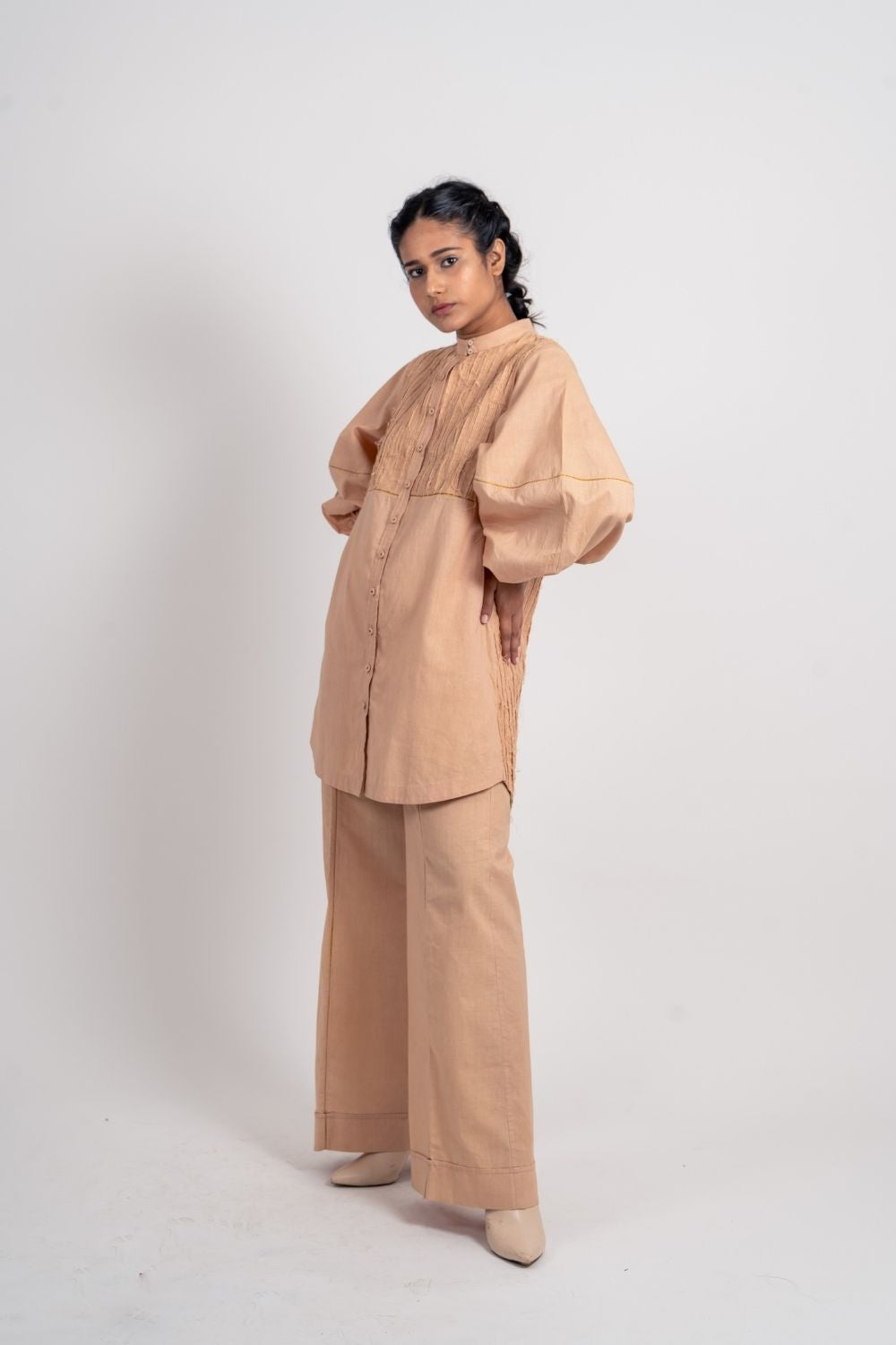 Beige Cotton Midi Dress by Ahmev with Broken Book by Ahmev, Brown, Casual Wear, Fall, Handloom Cotton, July Sale, July Sale 2023, Mini Dresses, Natural, Relaxed Fit, Shirt Dresses, Shirts, Solids, Womenswear at Kamakhyaa for sustainable fashion