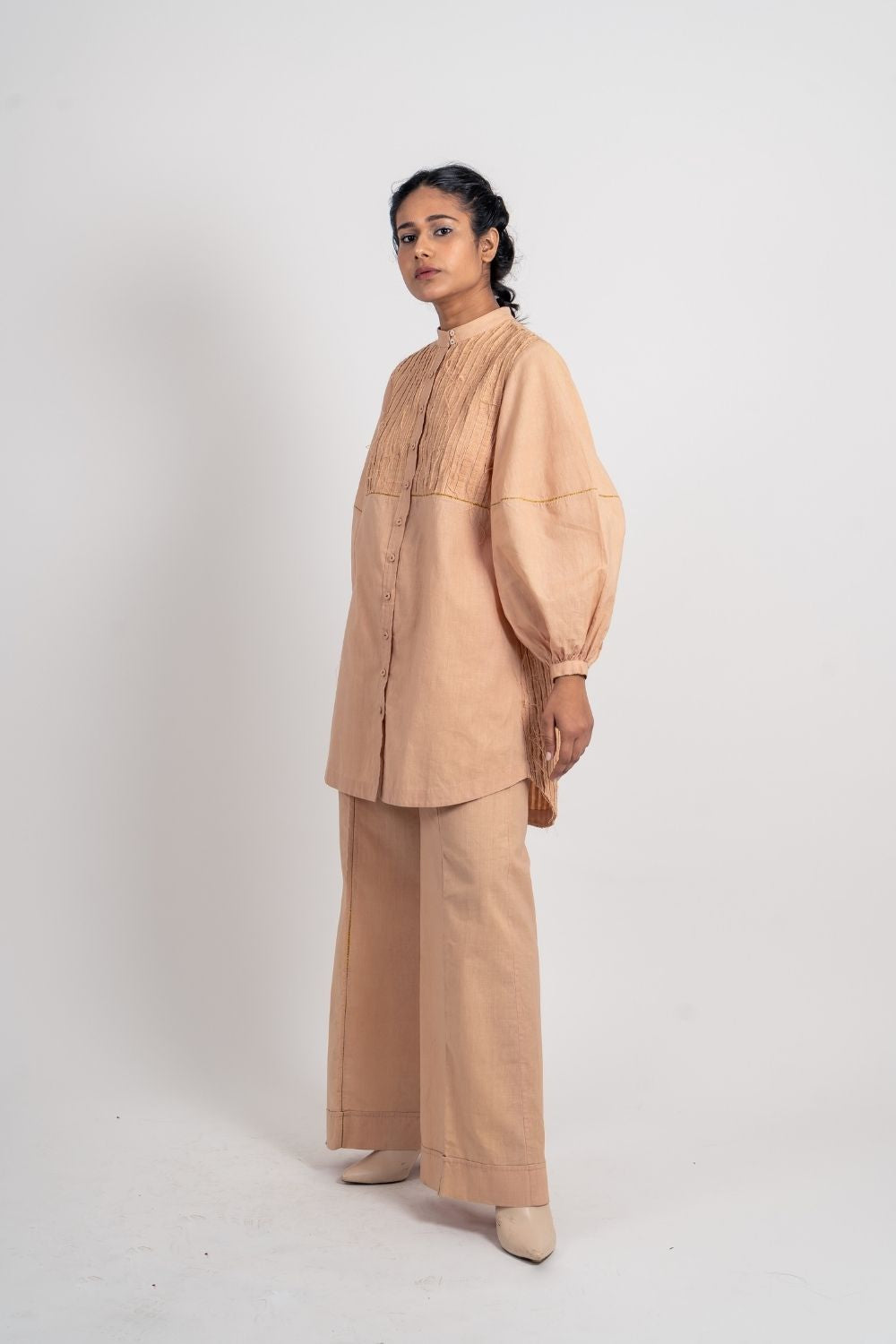 Beige Cotton Midi Dress by Ahmev with Broken Book by Ahmev, Brown, Casual Wear, Fall, Handloom Cotton, July Sale, July Sale 2023, Mini Dresses, Natural, Relaxed Fit, Shirt Dresses, Shirts, Solids, Womenswear at Kamakhyaa for sustainable fashion