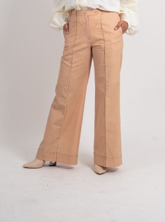 Beige Zari Pant by Ahmev with Broken Book by Ahmev, Brown, Casual Wear, Fall, Fitted At Waist, Handloom Cotton, July Sale, July Sale 2023, Natural, Organic, Pants, Solids, Wide leg pants, Womenswear at Kamakhyaa for sustainable fashion