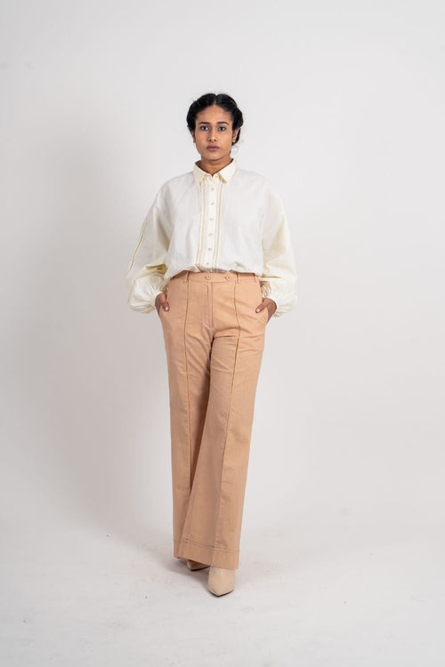 Beige Zari Pant by Ahmev with Broken Book by Ahmev, Brown, Casual Wear, Fall, Fitted At Waist, Handloom Cotton, July Sale, July Sale 2023, Natural, Organic, Pants, Solids, Wide leg pants, Womenswear at Kamakhyaa for sustainable fashion