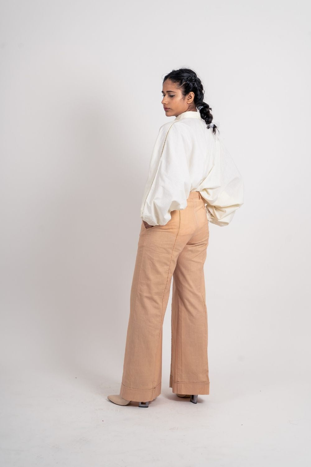 Beige Zari Pant by Ahmev with Broken Book by Ahmev, Brown, Casual Wear, Fall, Fitted At Waist, Handloom Cotton, July Sale, July Sale 2023, Natural, Organic, Pants, Solids, Wide leg pants, Womenswear at Kamakhyaa for sustainable fashion