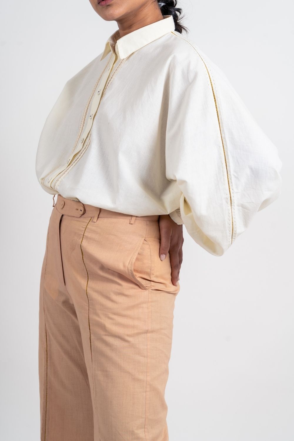 Beige Zari Pant by Ahmev with Broken Book by Ahmev, Brown, Casual Wear, Fall, Fitted At Waist, Handloom Cotton, July Sale, July Sale 2023, Natural, Organic, Pants, Solids, Wide leg pants, Womenswear at Kamakhyaa for sustainable fashion