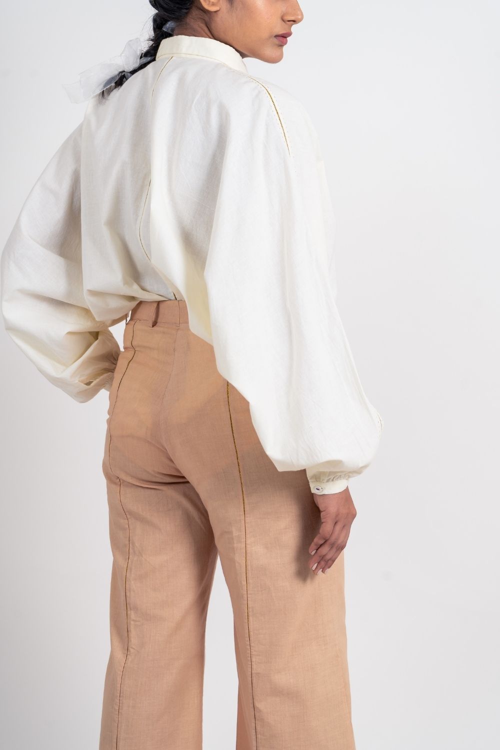 Beige Zari Pant by Ahmev with Broken Book by Ahmev, Brown, Casual Wear, Fall, Fitted At Waist, Handloom Cotton, July Sale, July Sale 2023, Natural, Organic, Pants, Solids, Wide leg pants, Womenswear at Kamakhyaa for sustainable fashion