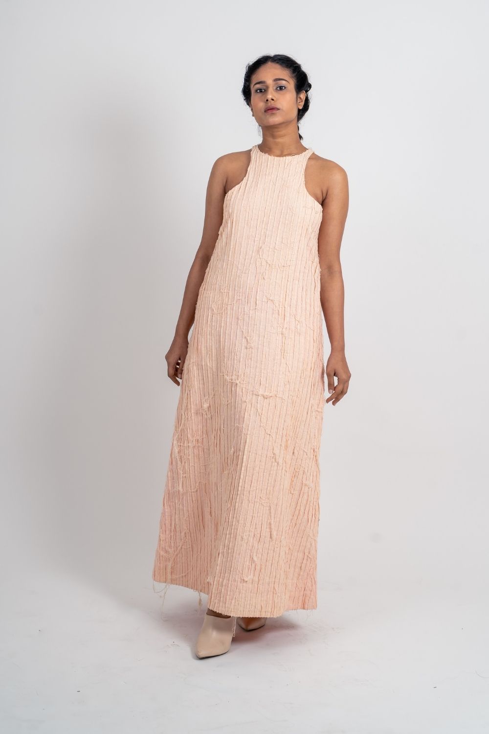 Pink Textured Halter Dress by Ahmev with Broken Book by Ahmev, Casual Wear, FB ADS JUNE, Halter Neck Dresses, Handloom Cotton, July Sale, July Sale 2023, Maxi Dresses, Natural, Pink, Relaxed Fit, Textured, Womenswear at Kamakhyaa for sustainable fashion