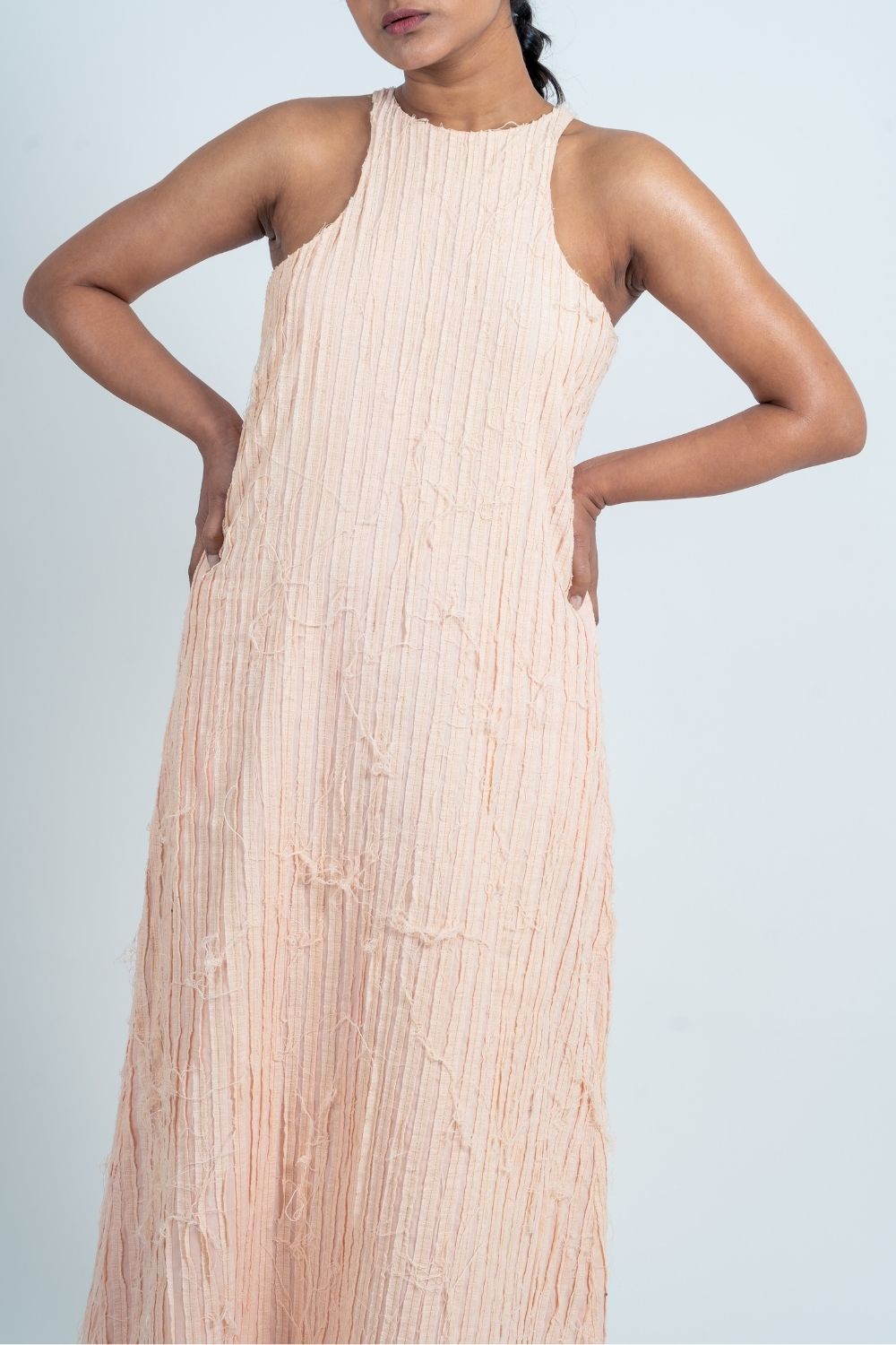 Pink Textured Halter Dress by Ahmev with Broken Book by Ahmev, Casual Wear, FB ADS JUNE, Halter Neck Dresses, Handloom Cotton, July Sale, July Sale 2023, Maxi Dresses, Natural, Pink, Relaxed Fit, Textured, Womenswear at Kamakhyaa for sustainable fashion