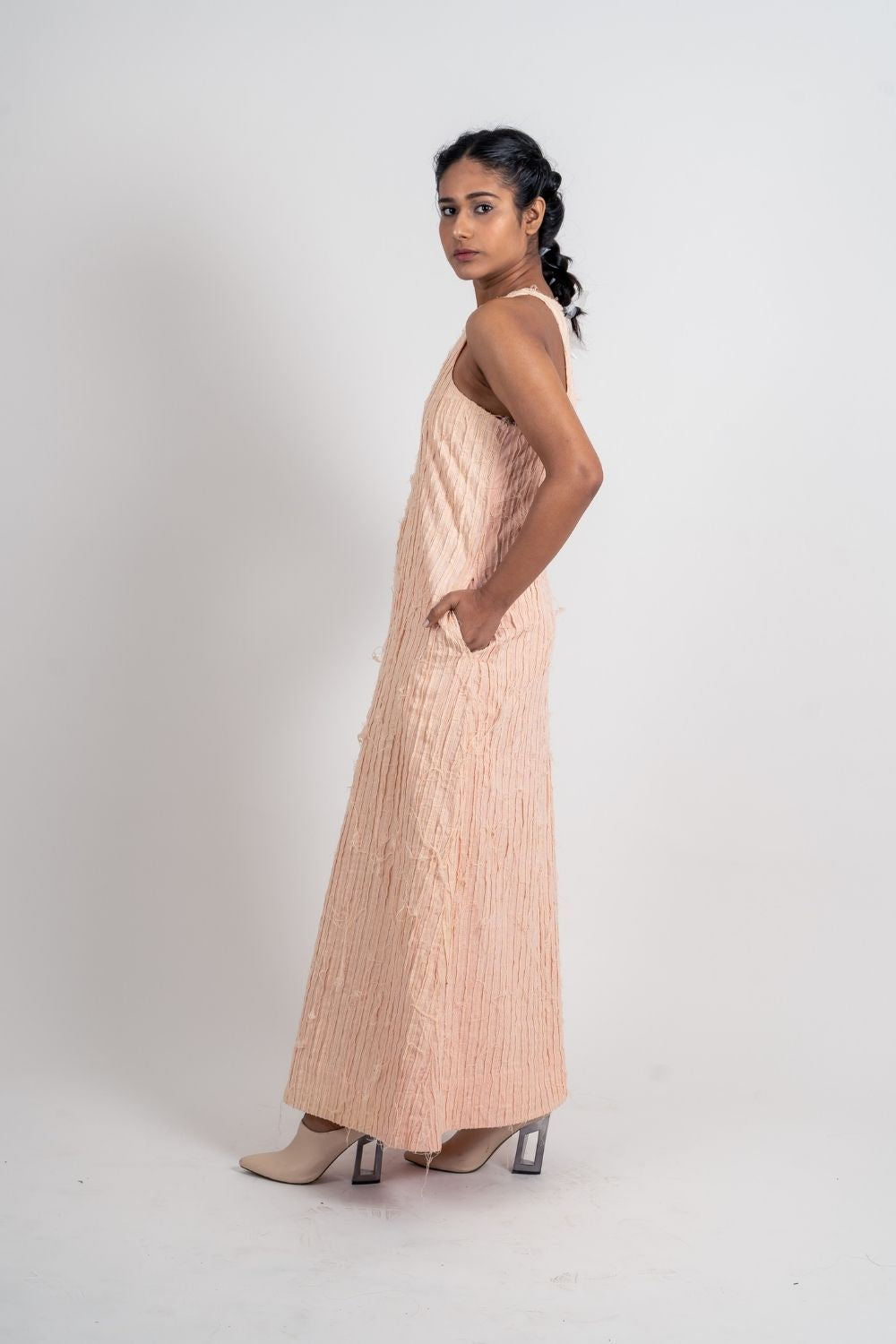 Pink Textured Halter Dress by Ahmev with Broken Book by Ahmev, Casual Wear, FB ADS JUNE, Halter Neck Dresses, Handloom Cotton, July Sale, July Sale 2023, Maxi Dresses, Natural, Pink, Relaxed Fit, Textured, Womenswear at Kamakhyaa for sustainable fashion