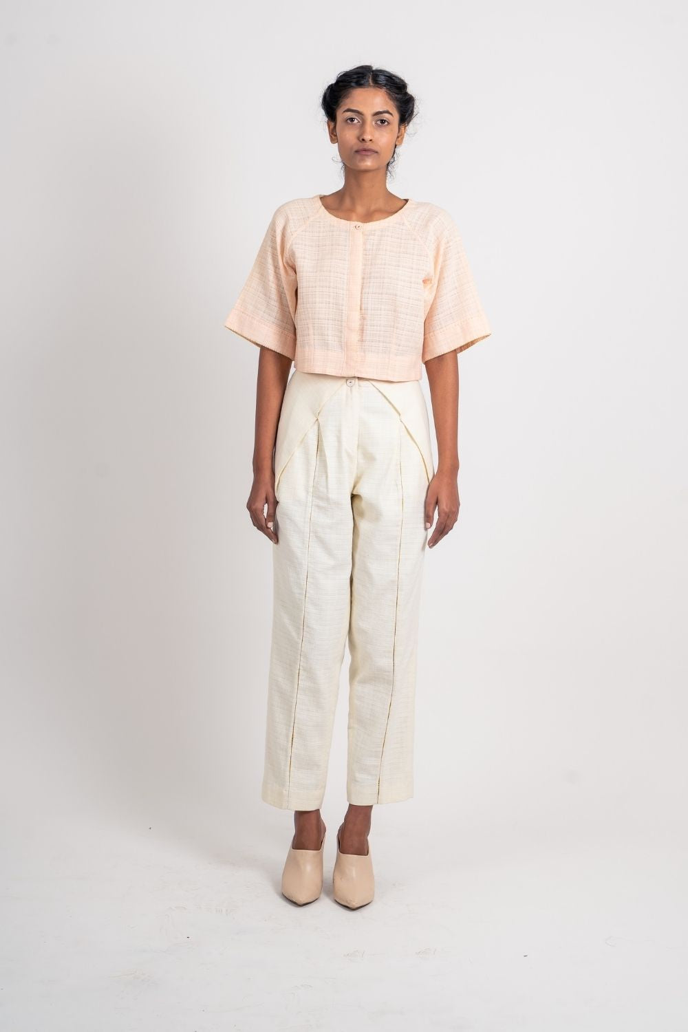 White Cotton Sleeve Top by Ahmev with Broken Book by Ahmev, Casual Wear, Crop Tops, Fitted At Bust, Handloom Cotton, July Sale, July Sale 2023, Natural, Pink, Textured, Tops, Womenswear at Kamakhyaa for sustainable fashion