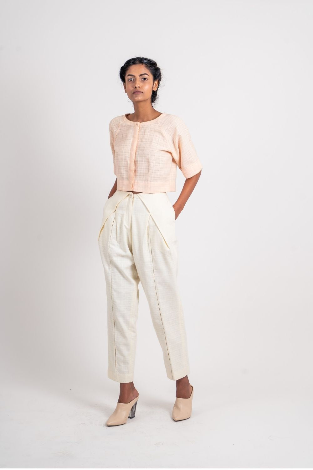 White Cotton Sleeve Top by Ahmev with Broken Book by Ahmev, Casual Wear, Crop Tops, Fitted At Bust, Handloom Cotton, July Sale, July Sale 2023, Natural, Pink, Textured, Tops, Womenswear at Kamakhyaa for sustainable fashion