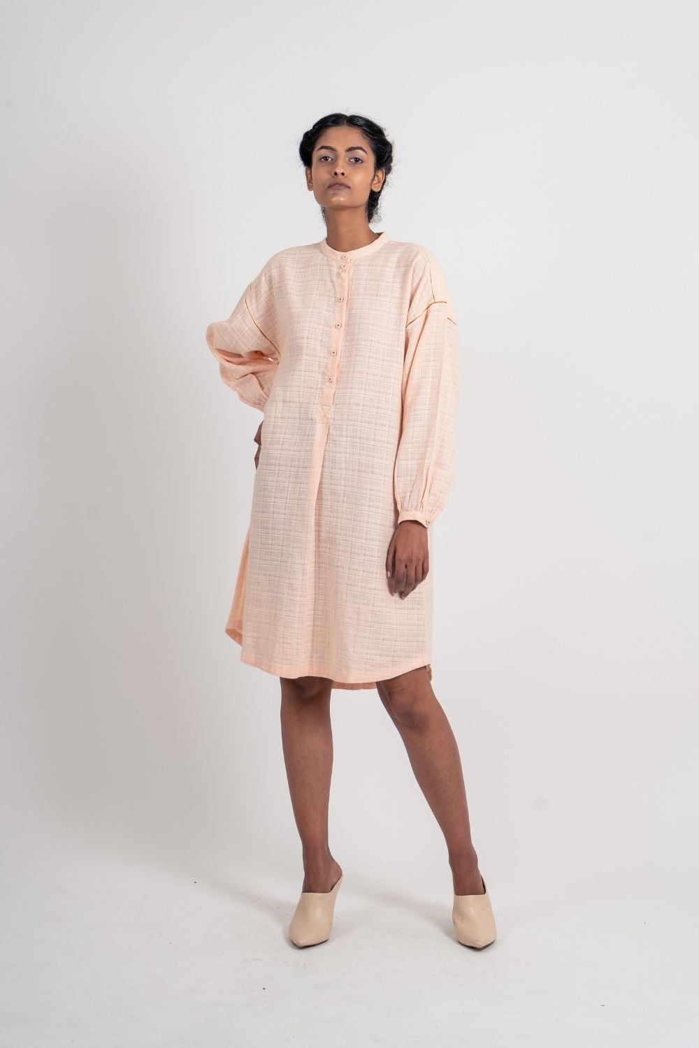 Pink Textured Kurta by Ahmev with Broken Book by Ahmev, Casual Wear, Handloom Cotton, July Sale, July Sale 2023, Natural, Pink, Relaxed Fit, Shirt Dresses, Textured, Womenswear at Kamakhyaa for sustainable fashion