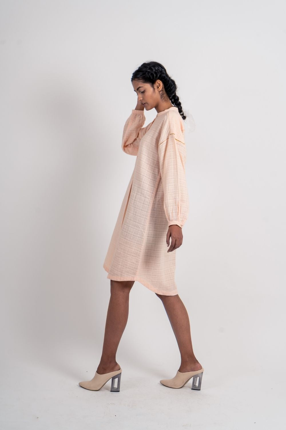Pink Textured Kurta by Ahmev with Broken Book by Ahmev, Casual Wear, Handloom Cotton, July Sale, July Sale 2023, Natural, Pink, Relaxed Fit, Shirt Dresses, Textured, Womenswear at Kamakhyaa for sustainable fashion