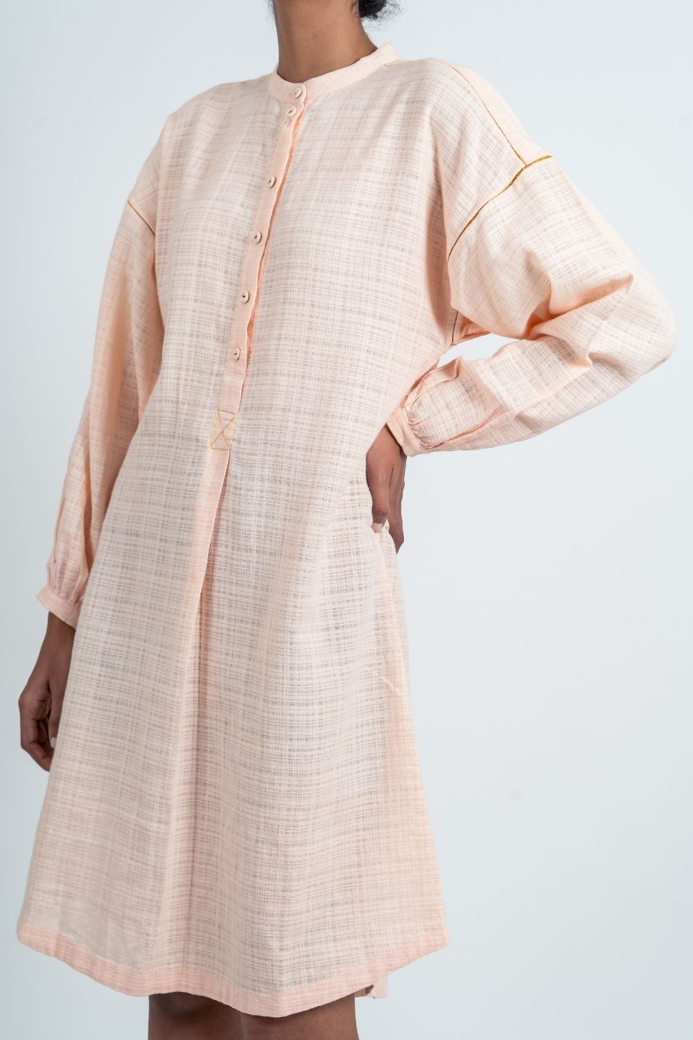 Pink Textured Kurta by Ahmev with Broken Book by Ahmev, Casual Wear, Handloom Cotton, July Sale, July Sale 2023, Natural, Pink, Relaxed Fit, Shirt Dresses, Textured, Womenswear at Kamakhyaa for sustainable fashion