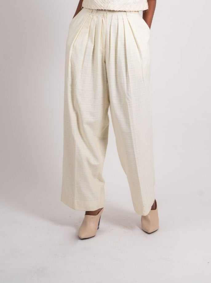 White Pleated Pants Bottoms Fitted At Waist, Handloom Cotton, Natural, Palazzo Pants, Textured, Ahmev Kamakhyaa