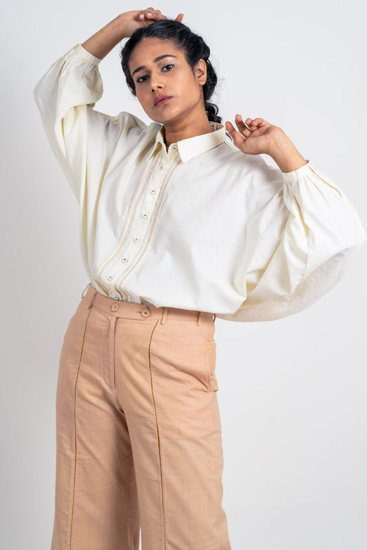 White Cotton Shirt with Dolman Sleeves by Ahmev with Broken Book by Ahmev, Casual Wear, Handloom Cotton, July Sale, July Sale 2023, Natural, Regular Fit, Shirts, Solids, Tops, White, Womenswear at Kamakhyaa for sustainable fashion