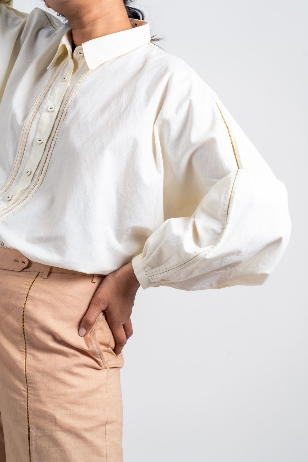 White Cotton Shirt with Dolman Sleeves by Ahmev with Broken Book by Ahmev, Casual Wear, Handloom Cotton, July Sale, July Sale 2023, Natural, Regular Fit, Shirts, Solids, Tops, White, Womenswear at Kamakhyaa for sustainable fashion