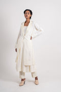 White Long Jacket by Ahmev with Broken Book by Ahmev, Casual Wear, Coats, Handloom Cotton, July Sale, July Sale 2023, Natural, Overlays, Regular Fit, Solids, White, Womenswear at Kamakhyaa for sustainable fashion