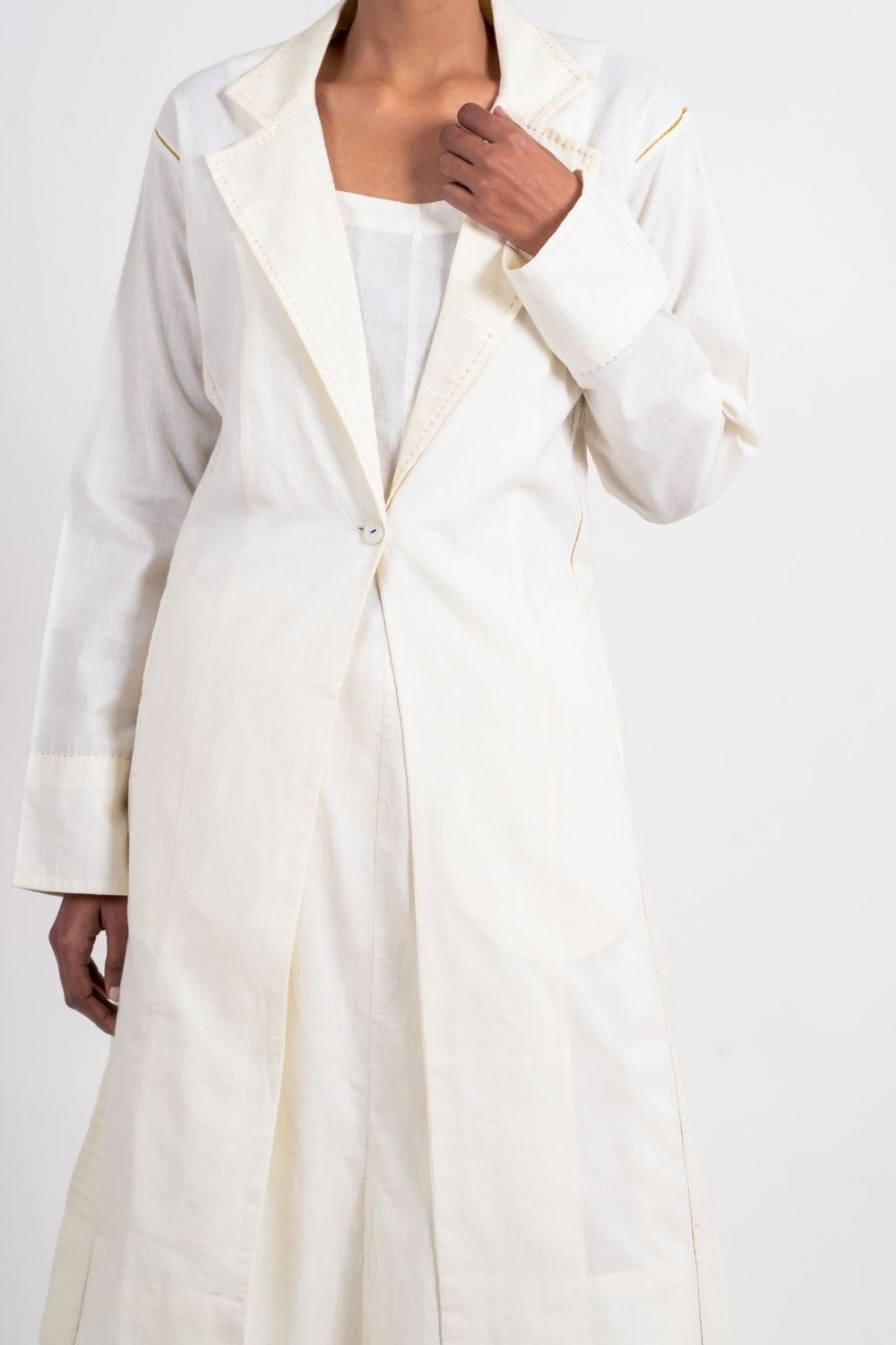 White Long Jacket by Ahmev with Broken Book by Ahmev, Casual Wear, Coats, Handloom Cotton, July Sale, July Sale 2023, Natural, Overlays, Regular Fit, Solids, White, Womenswear at Kamakhyaa for sustainable fashion