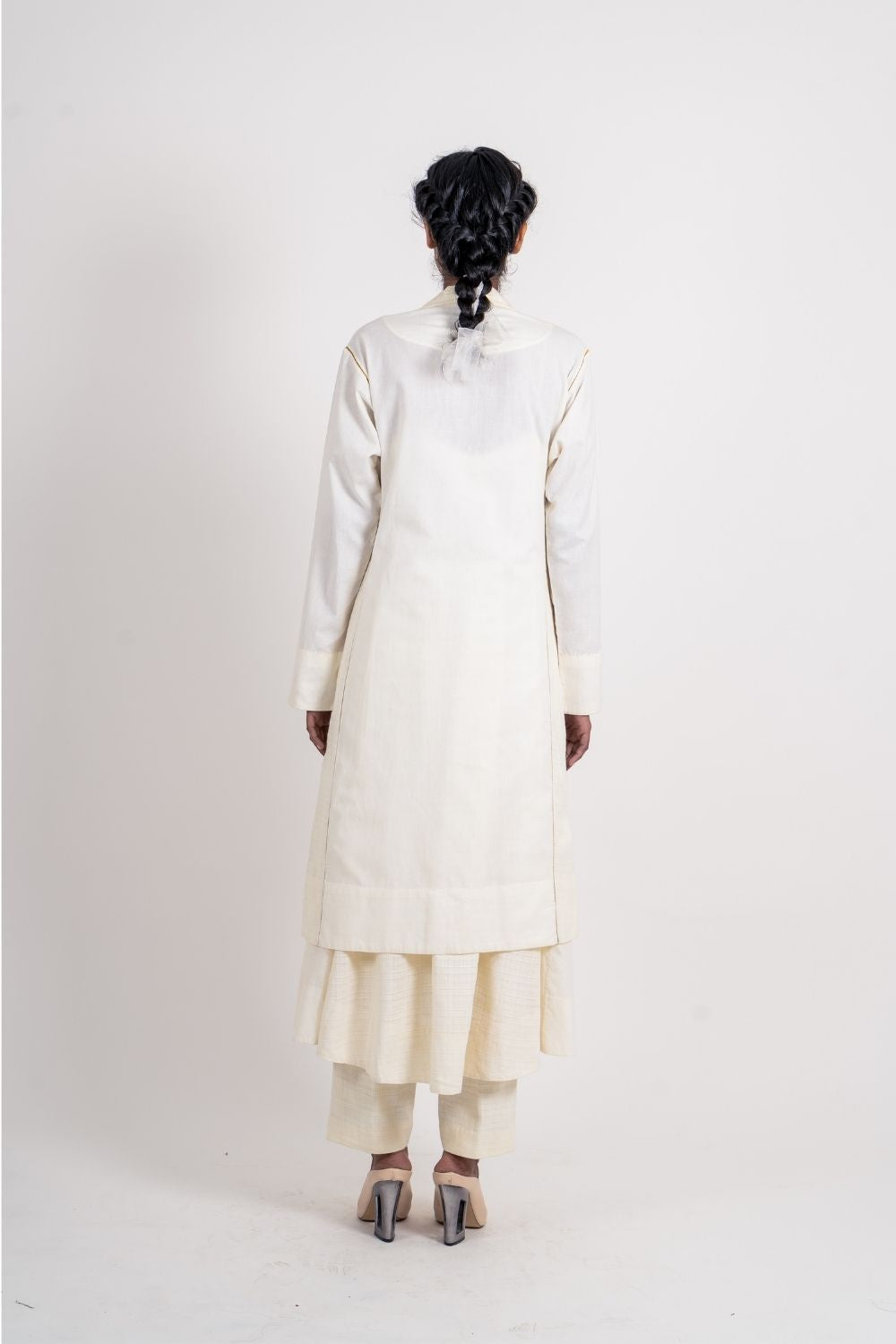 White Long Jacket by Ahmev with Broken Book by Ahmev, Casual Wear, Coats, Handloom Cotton, July Sale, July Sale 2023, Natural, Overlays, Regular Fit, Solids, White, Womenswear at Kamakhyaa for sustainable fashion
