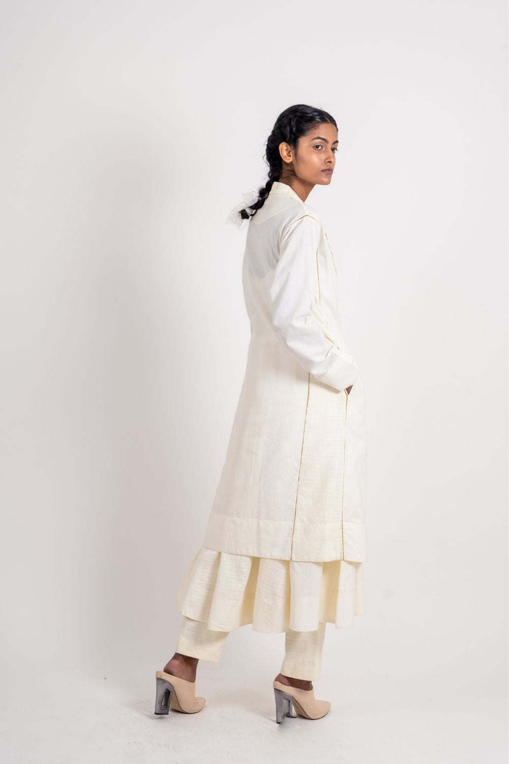 White Long Jacket by Ahmev with Broken Book by Ahmev, Casual Wear, Coats, Handloom Cotton, July Sale, July Sale 2023, Natural, Overlays, Regular Fit, Solids, White, Womenswear at Kamakhyaa for sustainable fashion