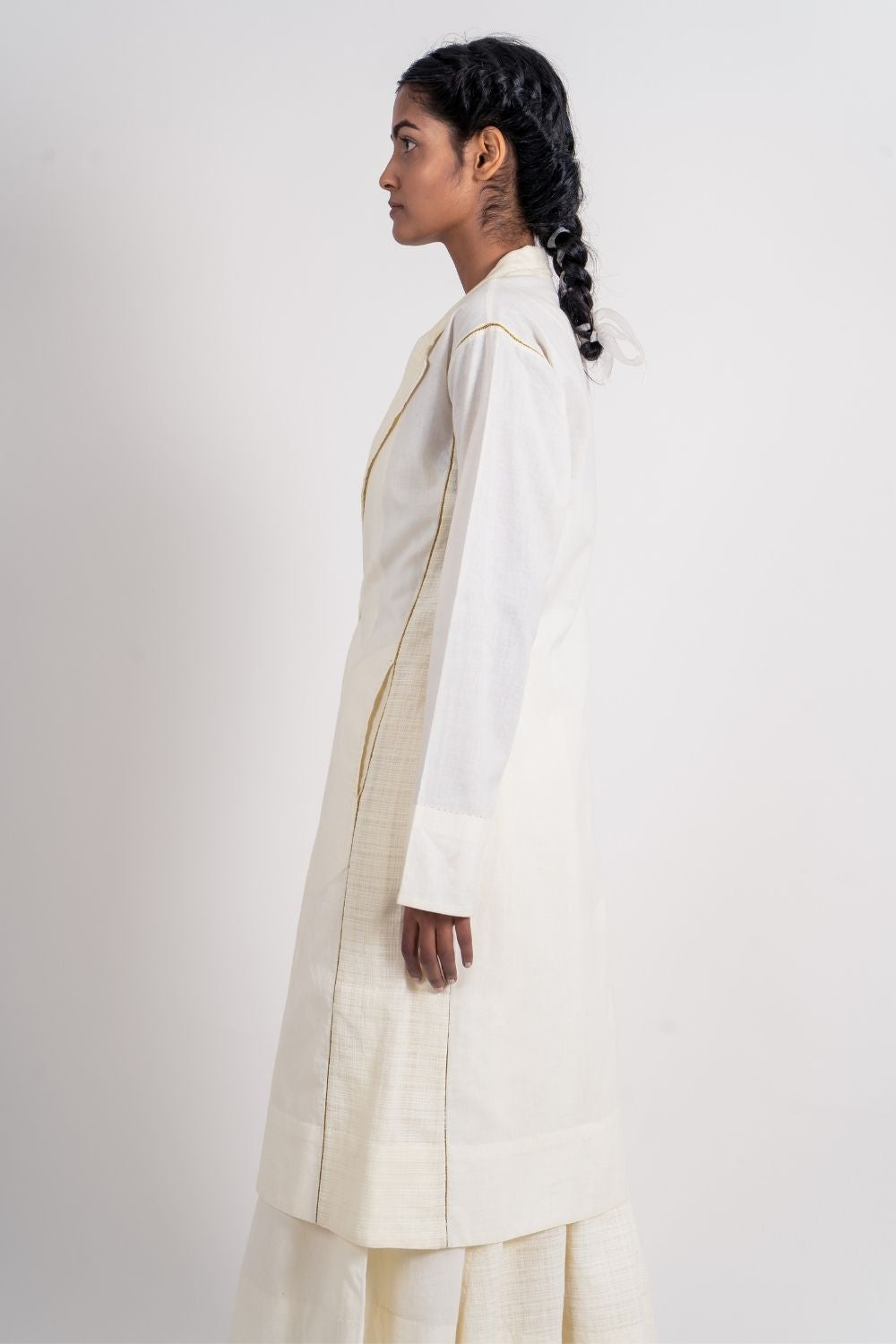 White Long Jacket by Ahmev with Broken Book by Ahmev, Casual Wear, Coats, Handloom Cotton, July Sale, July Sale 2023, Natural, Overlays, Regular Fit, Solids, White, Womenswear at Kamakhyaa for sustainable fashion