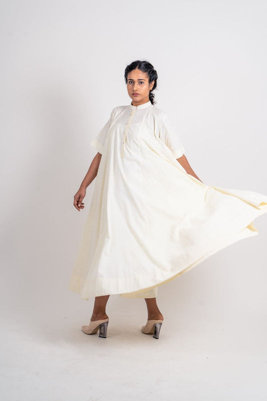 White Cotton Midi Dress by Ahmev with Broken Book by Ahmev, Casual Wear, Handloom Cotton, July Sale, July Sale 2023, Midi Dresses, Natural, Relaxed Fit, Solids, White, Womenswear at Kamakhyaa for sustainable fashion