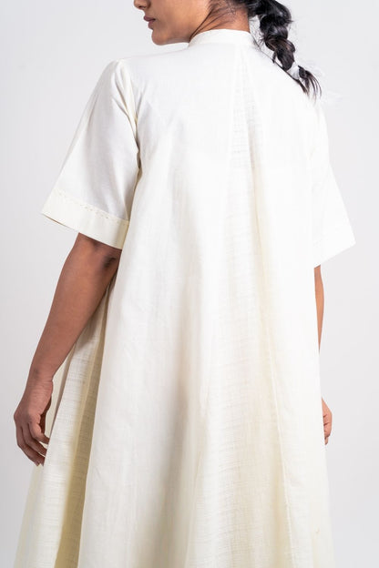 White Cotton Midi Dress by Ahmev with Broken Book by Ahmev, Casual Wear, Handloom Cotton, July Sale, July Sale 2023, Midi Dresses, Natural, Relaxed Fit, Solids, White, Womenswear at Kamakhyaa for sustainable fashion