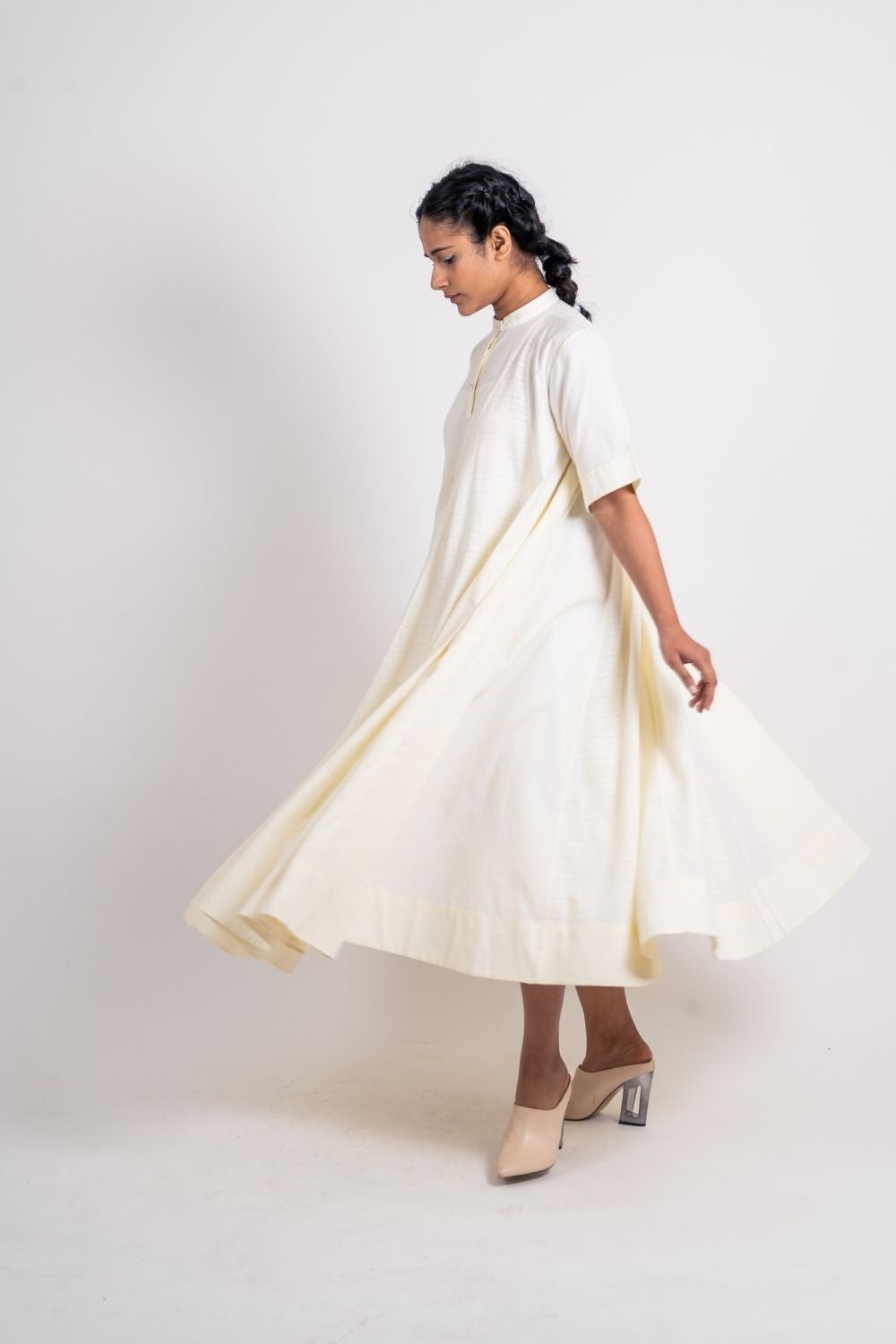 White Cotton Midi Dress Dresses Handloom Cotton, Dresses, Natural, Relaxed Fit, Solids, Ahmev Kamakhyaa