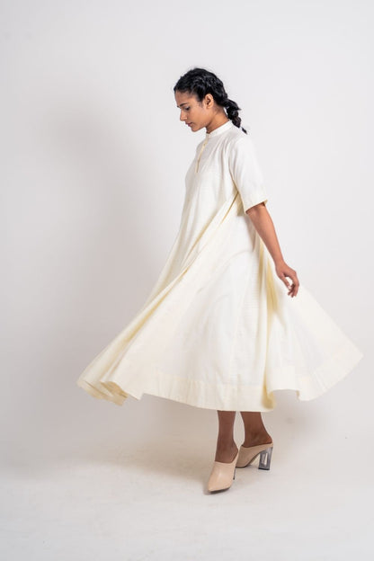 White Cotton Midi Dress by Ahmev with Broken Book by Ahmev, Casual Wear, Handloom Cotton, July Sale, July Sale 2023, Midi Dresses, Natural, Relaxed Fit, Solids, White, Womenswear at Kamakhyaa for sustainable fashion