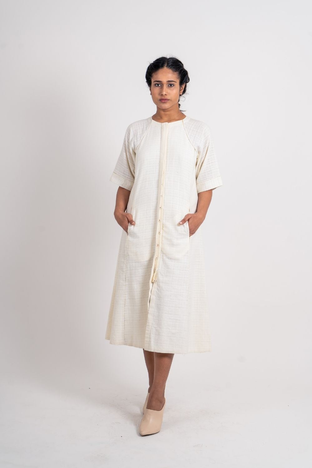 White Cotton Midi Dress by Ahmev with Broken Book by Ahmev, Casual Wear, Handloom Cotton, July Sale, July Sale 2023, Midi Dresses, Natural, Regular Fit, Shirt Dresses, Shirts, Textured, White, Womenswear at Kamakhyaa for sustainable fashion