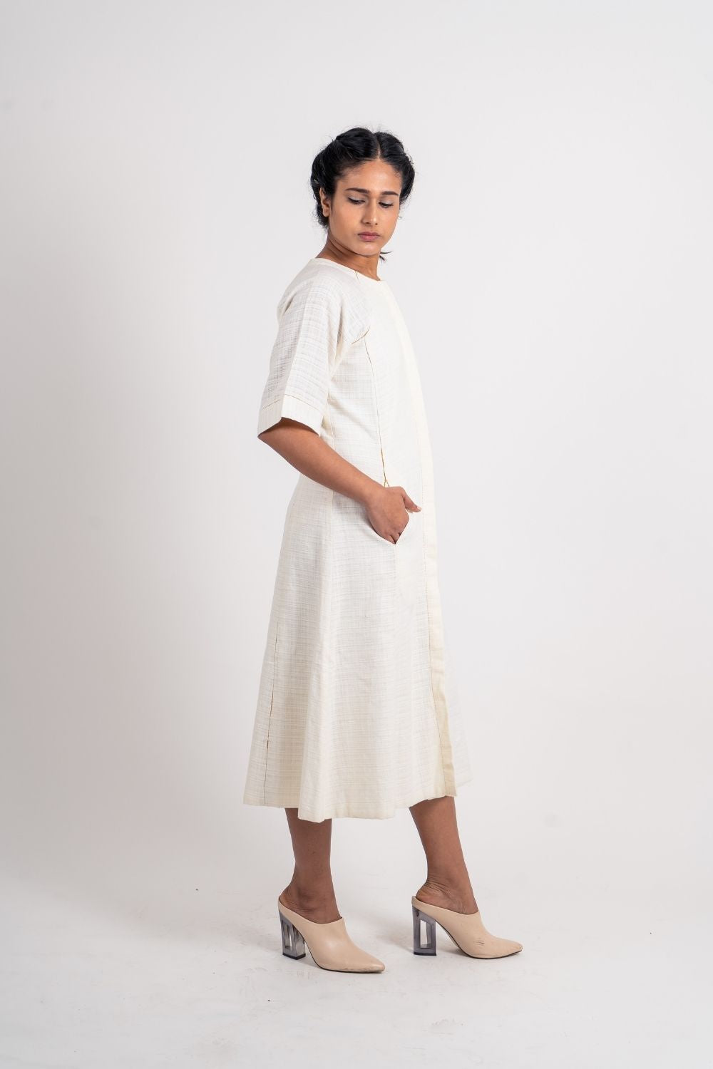 White Cotton Midi Dress by Ahmev with Broken Book by Ahmev, Casual Wear, Handloom Cotton, July Sale, July Sale 2023, Midi Dresses, Natural, Regular Fit, Shirt Dresses, Shirts, Textured, White, Womenswear at Kamakhyaa for sustainable fashion