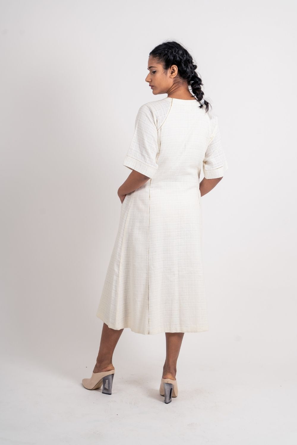 White Cotton Midi Dress by Ahmev with Broken Book by Ahmev, Casual Wear, Handloom Cotton, July Sale, July Sale 2023, Midi Dresses, Natural, Regular Fit, Shirt Dresses, Shirts, Textured, White, Womenswear at Kamakhyaa for sustainable fashion