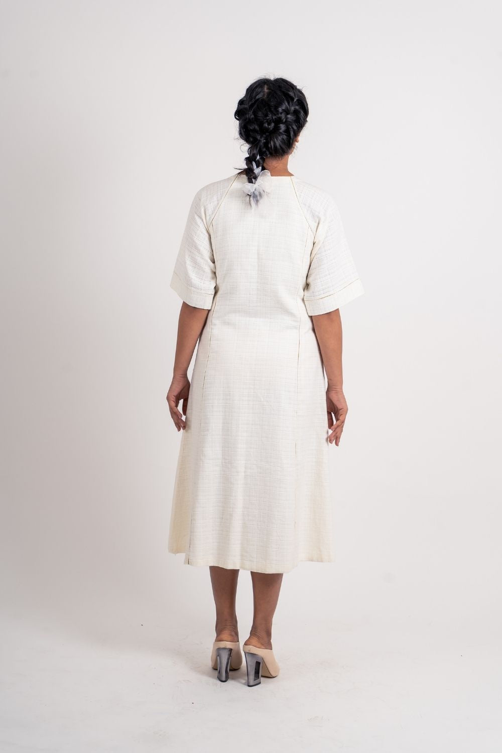 White Cotton Midi Dress by Ahmev with Broken Book by Ahmev, Casual Wear, Handloom Cotton, July Sale, July Sale 2023, Midi Dresses, Natural, Regular Fit, Shirt Dresses, Shirts, Textured, White, Womenswear at Kamakhyaa for sustainable fashion