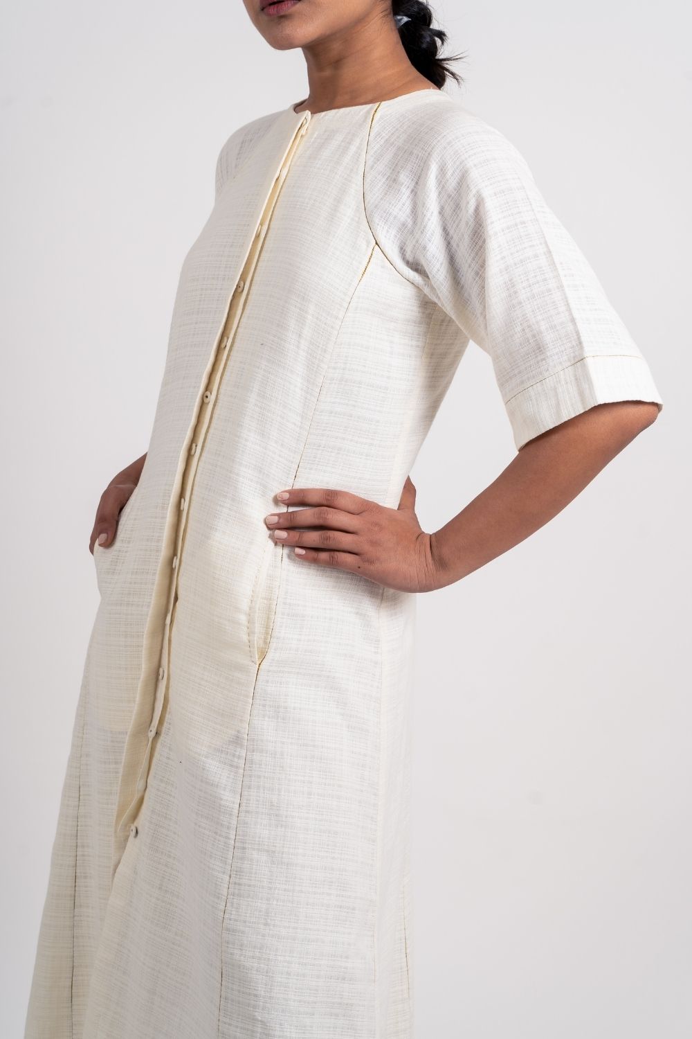 White Cotton Midi Dress by Ahmev with Broken Book by Ahmev, Casual Wear, Handloom Cotton, July Sale, July Sale 2023, Midi Dresses, Natural, Regular Fit, Shirt Dresses, Shirts, Textured, White, Womenswear at Kamakhyaa for sustainable fashion