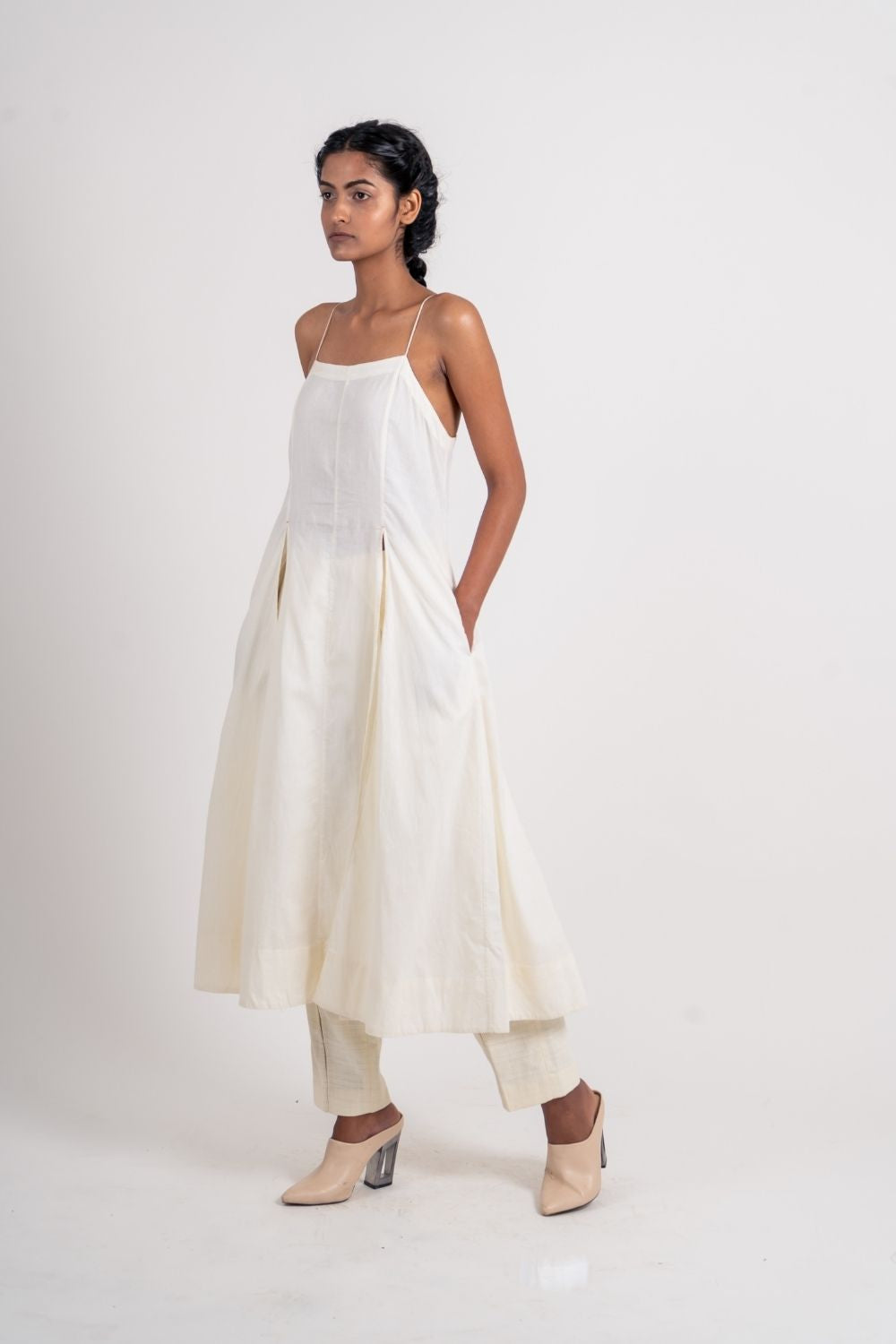 White Cotton Long Dress Handloom Cotton, Midi Dresses, Natural, Relaxed Fit, Solids, Kamakhyaa