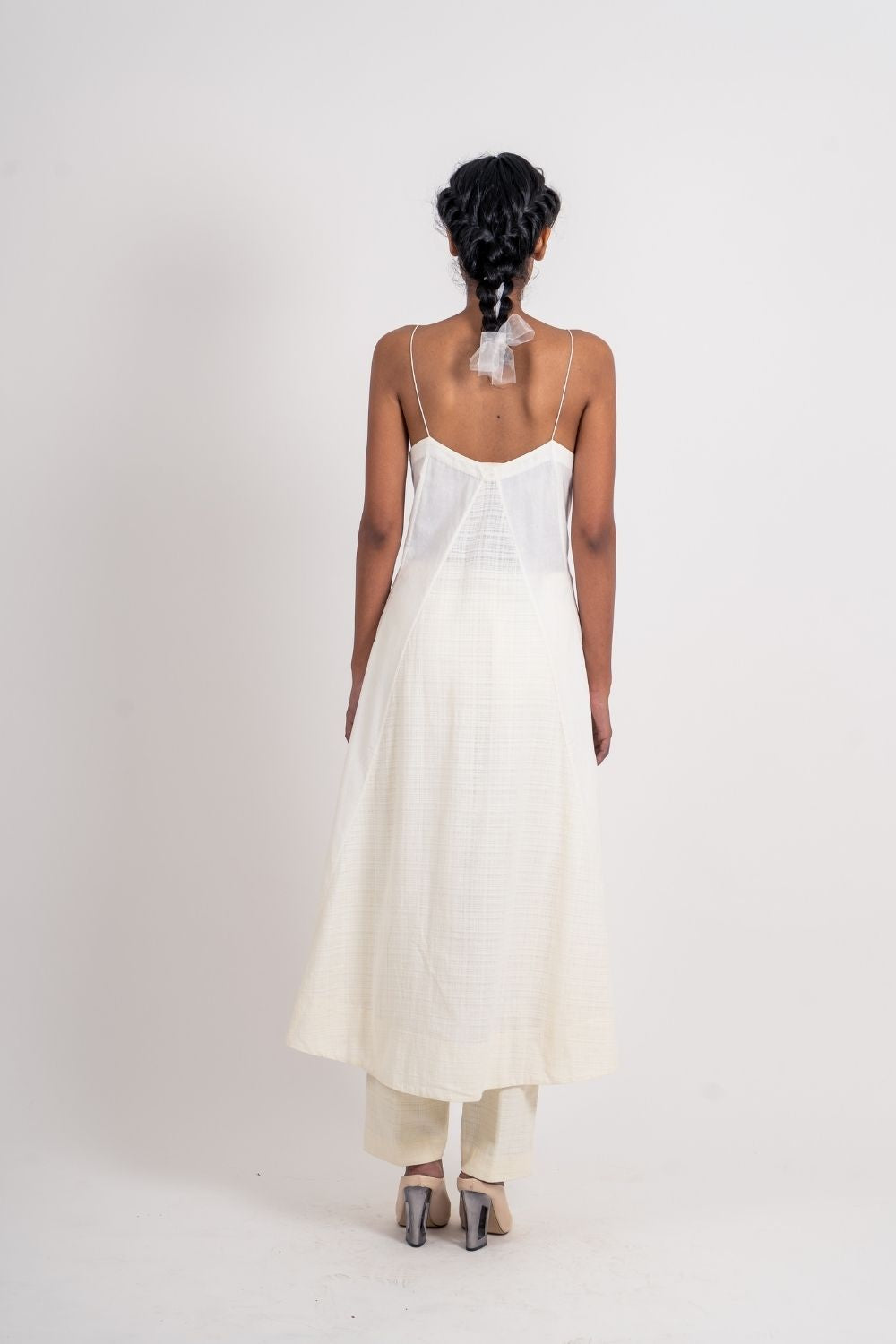 White Cotton Long Dress Handloom Cotton, Midi Dresses, Natural, Relaxed Fit, Solids, Kamakhyaa