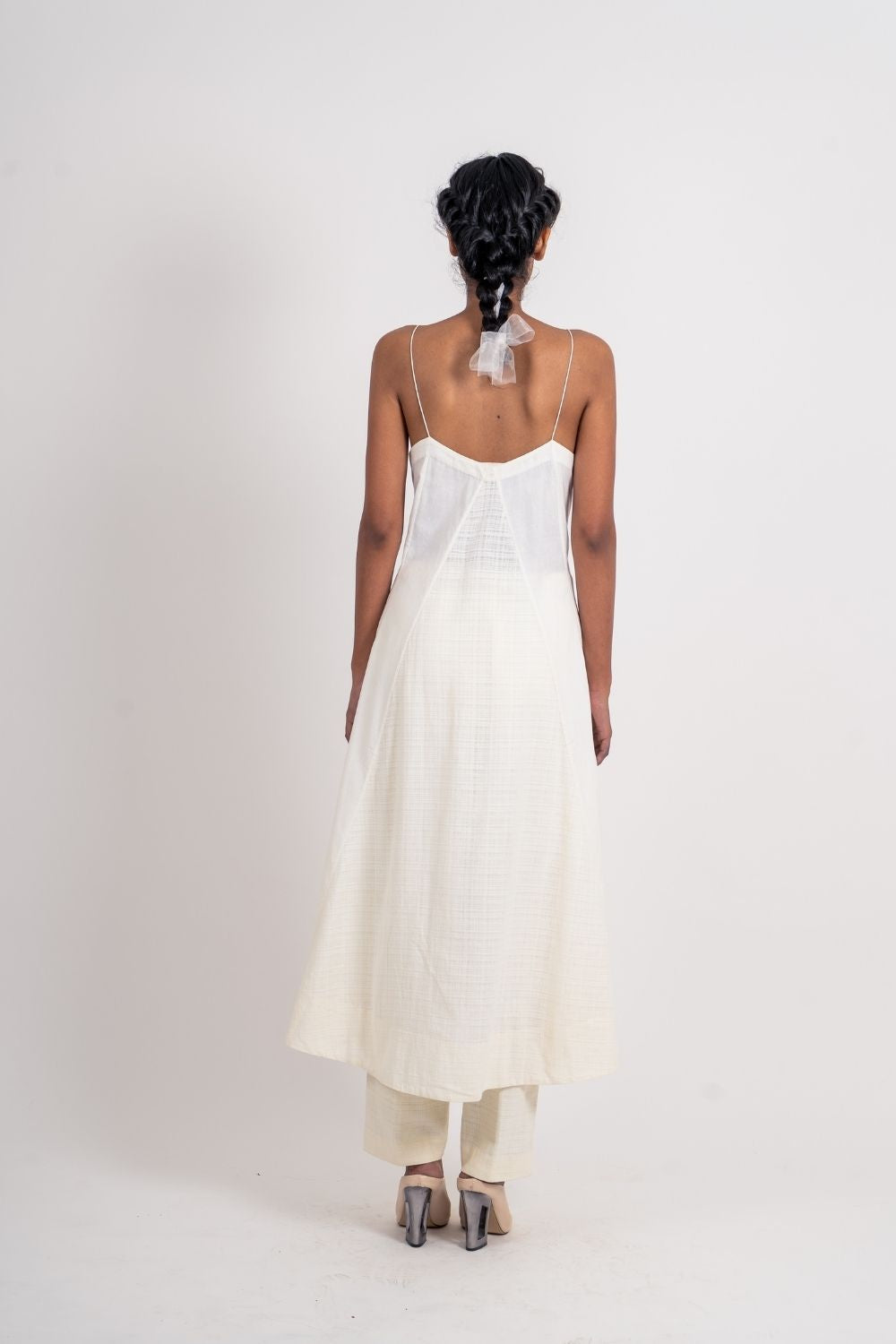 White Cotton Long Dress by Ahmev with Broken Book by Ahmev, Casual Wear, Handloom Cotton, July Sale, July Sale 2023, Midi Dresses, Natural, Relaxed Fit, Sleeveless Dresses, Solids, Strap Dresses, White, Womenswear at Kamakhyaa for sustainable fashion