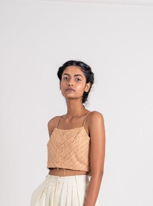 Beige Cotton Blouse by Ahmev with Beige, Broken Book by Ahmev, Casual Wear, Fitted At Bust, Handloom Cotton, July Sale, July Sale 2023, Natural, Spaghettis, Textured, Tops, Womenswear at Kamakhyaa for sustainable fashion