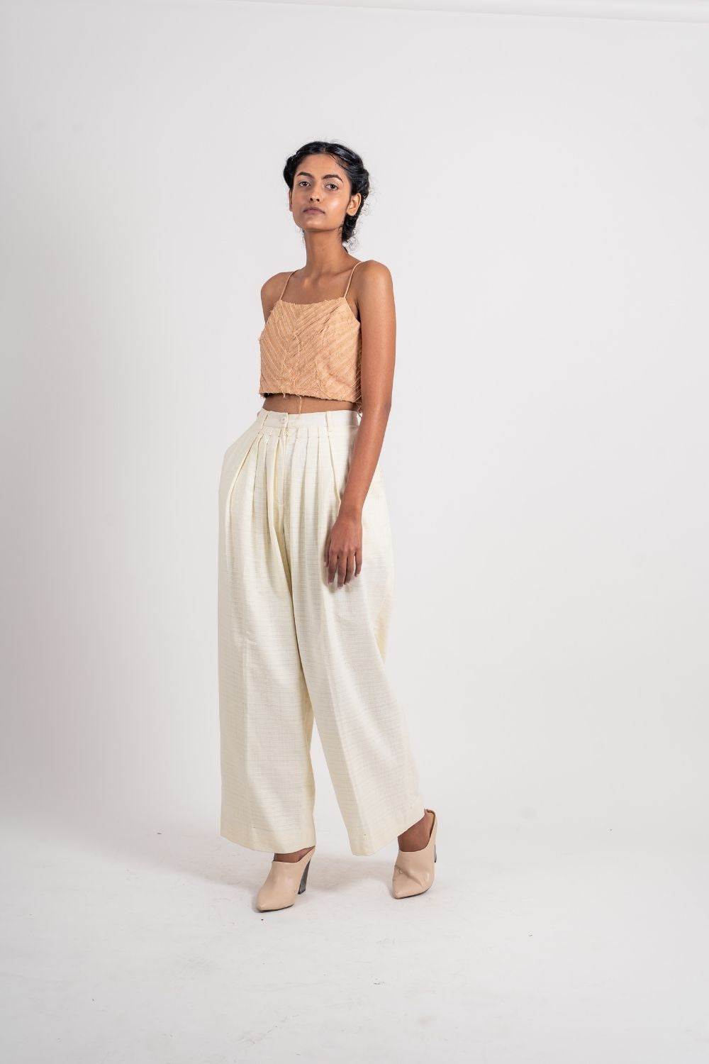 Beige Cotton Blouse by Ahmev with Beige, Broken Book by Ahmev, Casual Wear, Fitted At Bust, Handloom Cotton, July Sale, July Sale 2023, Natural, Spaghettis, Textured, Tops, Womenswear at Kamakhyaa for sustainable fashion